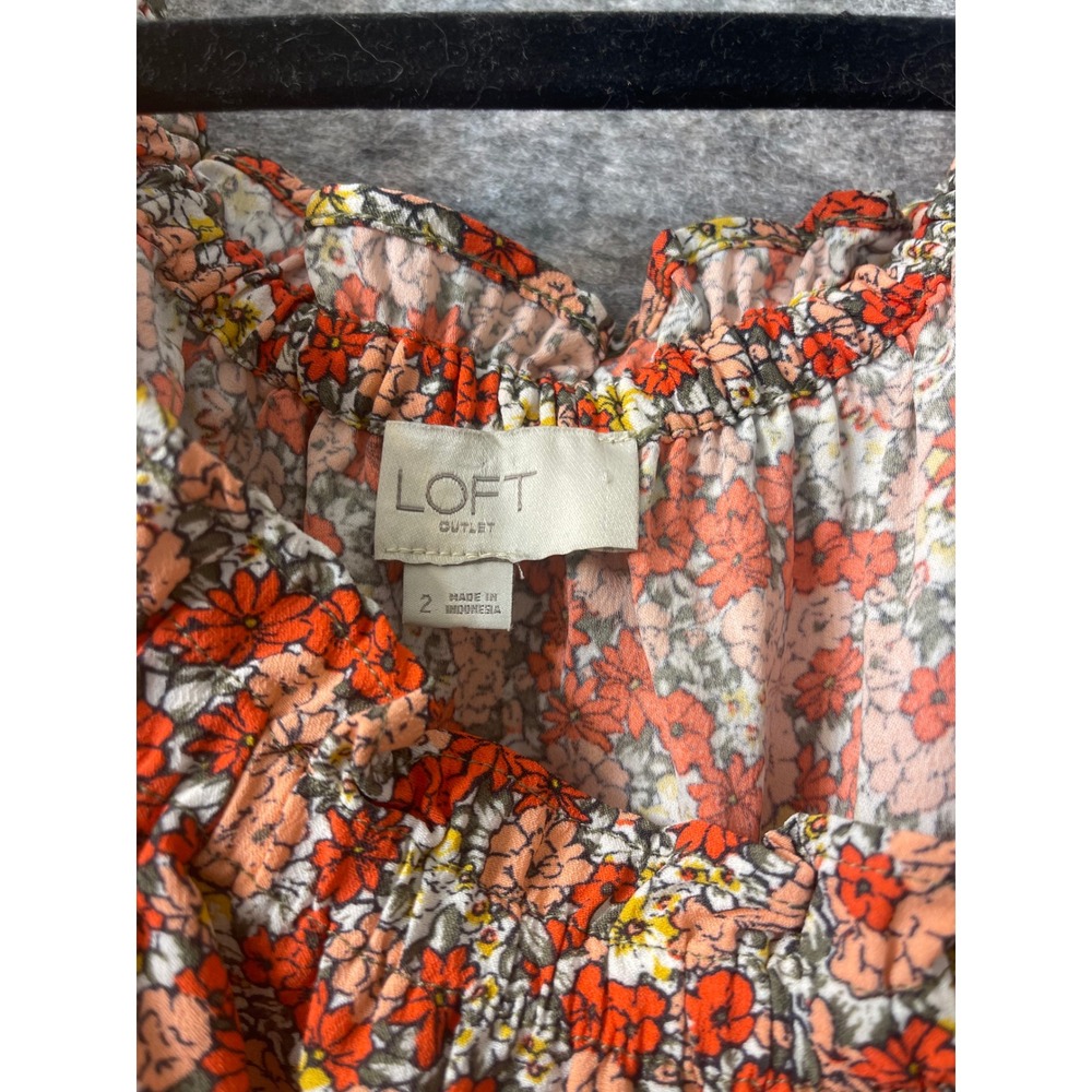 LOFT Outlet Orange Red Floral Long Sleeve Mini Dress Belted Size 2 - Picture 8 of 15